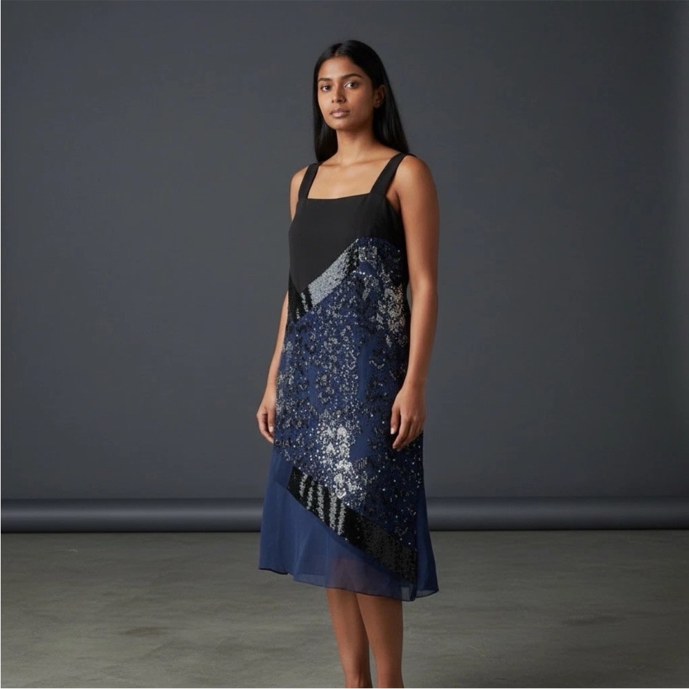Prabal Gurung Navy Silk Beaded Evening Cocktail Dress Size 6 quiet luxury